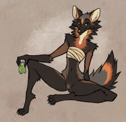 anthro beverage brown_body brown_fur canid canine cheek_tuft chest_wraps claws digital_drawing_(artwork) digital_media_(artwork) facial_tuft female fluffy fox fur genitals grey_body grey_fur hi_res looking_at_viewer mammal maple_(oldmancassius) multicolored_body multicolored_fur neck_tuft orange_body orange_fur scottieman simple_background solo tuft wraps