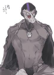 bondrewd covered_eyes fellatio_gesture helmet ingen_ab jacket_on_shoulders made_in_abyss male male_only mask masked masked_male nipple_bulge nipples_visible_through_clothing open_mouth open_pants restricted_palette scars skin_tight solo tight_clothing tongue_out whistle_around_neck