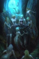 12girls 1boy 6+girls anniechromes armor artistic_nude berserk blonde_hair canon female guts_(berserk) light-skinned_female male mermaid nude nude_female painting_(artwork)