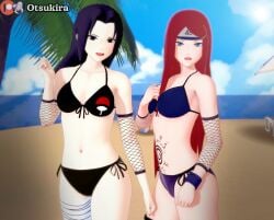 2girls 3d beach bikini black_eyes blue_hair breasts cleavage female female_only fishnet_armwear fishnets forehead_protector friends fully_clothed headband koikatsu konohagakure_symbol kunoichi light-skinned_female light_skin long_hair looking_at_viewer mature mature_female midriff milf mother naruto naruto_(series) naruto_shippuden ninja ocean open_mouth open_smile otsukira outdoors palm_tree purple_eyes red_hair sand sea seaside shounen_jump smiling stomach_tattoo swimsuit tattoo uchiha_mikoto uchiha_symbol uzumaki_kushina very_long_hair water wristband