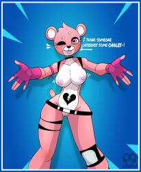 </3 <3_eyes 2022 anthro belt blue_background border breasts choker clothing cuddle_team_leader dialogue digital_drawing_(artwork) digital_media_(artwork) embrace epic_games exclamation_point eye_scar facial_scar female fingerless_gloves fortnite fur genitals gloves handwear heart heart_nose hi_res hug jewelry knee_pads mammal necklace nipples outstretched_arms pink_body pink_fur pussy scar simple_background solo speech_bubble speed_lines tail_motion tailwag talking_to_viewer tongue tongue_out ursid video_games white_border zhenai