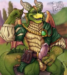 absurd_res activision anthro belt belt_buckle broach broad_shoulders camazule cliff clothed clothing digital_media_(artwork) dragon erection frill_(anatomy) gem genitals green_body green_eyes hi_res horn looking_at_viewer male nestor_(spyro) outside partially_clothed penis plant scales scalie scar sitting sky smile solo spyro_reignited_trilogy spyro_the_dragon tools tree video_games wings