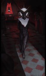 anthro balls blood bodily_fluids bovid bovid_horn candle caprine caprine_horn clothing cult_of_the_lamb detailed_background genitals group hi_res hood hooves horn lamb_(cult_of_the_lamb) male mammal pentagram ram_horn red_eyes robe sheath stained_glass wolnir