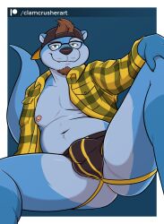 1boy ass beard black_nose blue_body blue_fur brown_hair bulge clamcrusher clothing eyewear facial_hair flannel fur glasses green_eyes hair hat headgear headwear jockstrap looking_at_viewer lutrine male male_only mammal mustelid nipples solo underwear