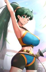 1girls ;d absurdres adapted_costume armpits arms_up ass_visible_through_thighs bangs belt bike_shorts blush breasts commentary_request cowboy_shot earrings female female_only fire_emblem fire_emblem:_the_blazing_blade fire_emblem_warriors gonzarez green_eyes green_hair high_ponytail highres jewelry large_breasts long_hair lyn_(fire_emblem) navel nintendo official_alternate_costume one_eye_closed open_mouth parted_lips ponytail revision scabbard sheathed shorts smile solo sports_bra stomach sword toned very_long_hair weapon