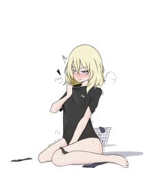 bangs barefoot between_legs black_shirt black_socks blonde_hair blue_eyes blush bottomless casual closed_mouth collar_tug female frown girls_und_panzer guropara half-closed_eyes hand_between_legs heart laundry_basket masturbation medium_hair messy_hair oshida_(girls_und_panzer) shirt simple_background sitting socks solo steam t-shirt trembling wariza white_background