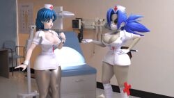 2girls ami_mizuno big_breasts bishoujo_senshi_sailor_moon blue_eyes blue_hair breasts cleavage_cutout clothing costume female female_only large_breasts long_legs multiple_girls nurse red_eyes sailor_mercury shocking_(artist) skullgirls valentine_(skullgirls)