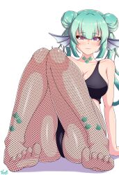 1girls ass ass_focus bare_shoulders big_breasts black_panties cleavage clothing exposed_shoulders finana_ryugu fishnet_legwear fishnet_pantyhose fishnets footwear green_hair hairbun head_fins heart-shaped_pupils legwear looking_at_viewer nijisanji nijisanji_en solo solo_female solo_focus virtual_youtuber vlacksr