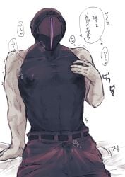 bondrewd bulge dilf erection erection_under_clothes halterneck helmet ingen_ab japanese_text lactation_through_clothes made_in_abyss male male_lactation male_only mask masked masked_male muscular muscular_male nipple_bulge scars skin_tight sleeveless sleeveless_shirt solo tenting tight_clothing turtleneck