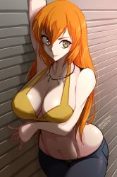 1girls big_breasts breasts busty chinese_girl cleavage clothing female haysey_draws hips jeans joy_(shenmue) large_breasts long_hair midriff navel necklace nipple_bulge orange_hair pale_skin shenmue smile solo_female thighs top