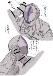 2boys bar_censor bondrewd erection gay helmet imminent_oral ingen_ab japanese_text looking_at_penis made_in_abyss male male_only mask masked masked_male partially_colored penis solo_focus touching_penis veiny_penis yaoi