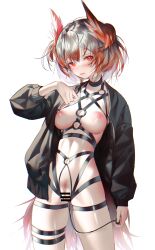 1girls arknights bar_censor between_breasts black_jacket blush breasts censored cowboy_shot feather_hair female female_pubic_hair fiammetta_(arknights) gradient_hair grey_hair harness highres holding iumu jacket long_sleeves looking_at_viewer medium_breasts multicolored_hair navel nipples no_bra no_panties o-ring object_insertion open_clothes open_jacket parted_lips pubic_hair pussy red_eyes red_hair sex_toy simple_background smile solo solo_female thigh_strap vaginal_object_insertion vaginal_penetration vibrator white_background