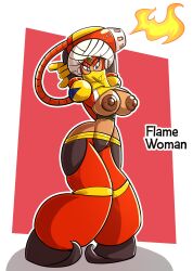 1girls arms_up blue_eyes capcom exposed_breasts female female_only fire flame_man flamethrower hands_behind_head indian mega_man mega_man(classic) mouth_veil red_eyeshadow robot robot_girl rule_63 sachasketchy tagme turban