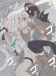 1boy animal_ear_fluff animal_ears ayuki_(26659796) black_thighhighs blue_nails bottomless braid breasts censored closed_eyes clothed_female_nude_male clothed_sex commentary commentary_request dark-skinned_male dark_skin female fingernails fox_ears fox_girl fox_tail french_kiss grabbing grabbing_another's_breast highres hololive hololive_gamers hololive_gen_1 hololive_japan kissing lactation long_hair long_sleeves low_ponytail lying medium_breasts mosaic_censoring nail_polish navel nipples nude on_side paid_reward_available penis pussy saliva sex shirakami_fubuki shirt single_thighhigh sound_effects spooning stomach_bulge straight tail tearing_up tears testicles thigh_strap thighhighs trembling vaginal_penetration very_long_hair virtual_youtuber white_hair white_shirt