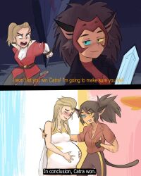 1futa 1girls 2020 2020s adora angry animal_ears blep blonde_female blonde_hair blue_eyes bondage bound bound_wrists bright_moon brown_hair brown_tail canon_couple cape cat_ears cat_tail catgirl catra claws cleavage clothed clothing couple darla_(she-ra) dialogue dress duo english_text female freckles fully_clothed futa_wife futanari gold_dress grey_pants hand_on_own_stomach hand_on_stomach heterochromia hi_res human humanoid humor implied_futanari implied_sex instant_loss_2koma jacket light-skinned_female light_skin long_hair netflix open_mouth pants ponytail pregnant pregnant_female ready_to_pop red_jacket red_shirt rope rope_bondage she-ra_and_the_princesses_of_power shirt smile standing sword tail text thumbs_up tiara time_skip tongue tongue_out two-tone_dress weapon werxit white_cape white_dress white_shirt yellow_eyes