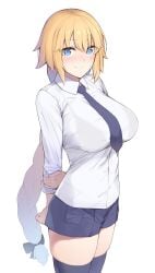 1girls big_breasts blonde_hair blue_eyes blush bra breasts cleavage collar enosan fate/grand_order fate_(series) female female_only jeanne_d'arc_(fate) large_breasts leash_and_collar looking_at_viewer panties sex_slave solo thighhighs