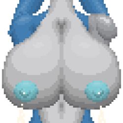 alien animated anthro avali avian big_breasts blue_body blue_ears blue_feathers blue_nipples bodily_fluids bouncing_breasts breasts daro_silvertail feathers female knockedoutdragon lactating low_res nipples solo white_body white_breasts white_feathers