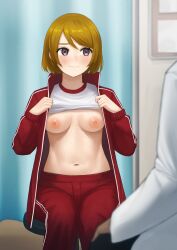 1girls breasts_out koizumi_hanayo love_live! medical_examination mikamata shirt_lift short_hair sitting small_breasts sportswear