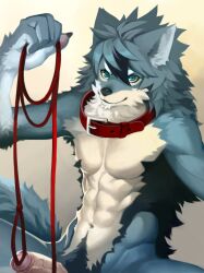 2019 abs anthro black_highlights black_lips black_nose body_hair canid canine canis cheek_tuft collar collar_only erection facial_tuft front_view genitals gradient_background grey_hair hair happy_trail hi_res highlights_(coloring) holding_leash holding_object humanoid_genitalia humanoid_penis kiske_7key leash lips looking_at_viewer male mammal muscular muscular_male navel neck_tuft nude offering_leash pecs penis raised_arm simple_background sitting smile solo spread_legs spreading teal_eyes tuft v-cut wolf