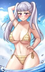 1girls bangs big_breasts bikini black_clover blush breasts embarrassed female hand_on_head hand_on_hip hi_res large_breasts long_hair looking_at_viewer noelle_silva purple_eyes shiny_skin silver_hair skimpy string_bikini swimsuit thick_thighs twintails voluptuous water wet wide_hips yirusann