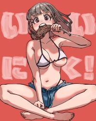 1girls accidental_exposure cleavage eating food looking_at_viewer meat medium_breasts nipple_slip red_background sekisouseki shorts sitting solo steak wardrobe_malfunction