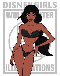 1girls aladdin alluring arabian athletic athletic_female black_hair bra brown_eyes dark-skinned_female dark_skin disney disney_princess female female_abs female_only fit fit_female fully_clothed hourglass_figure lingerie long_hair looking_at_viewer panties pinup princess_jasmine small_waist solo underwear wolffhunter_art