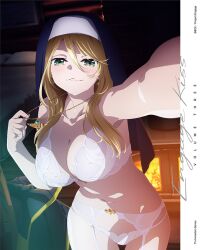 1girls blonde_hair blush bra breasts cleavage collar earrings engage_kiss garter_belt garter_straps green_eyes highres holding huge_breasts long_hair looking_at_viewer navel necklace nun nun_hat official_art panties selfie sharon_holygrail solo standing thighs underwear underwear_only white_panties