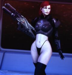 1girls 3d 3d_(artwork) armor clothing commander_shepard female female_only femshep firearm floppyhead footwear gun headwear human legwear mass_effect mass_effect_3 pale_skin pose posing_with_weapon red_hair rifle sci-fi solo source_filmmaker thong weapon