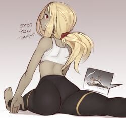 1girls ass athletic_female blonde_hair dark-skinned_female exercise female flexible gravity_rush kat_(gravity_rush) nickleflick ponytail splits sports_bra tight_clothing tight_pants wamudraws yoga_pants