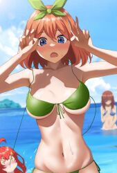 3girls armpits beach big_breasts bikini blush breasts female female_only go-toubun_no_hanayome light_skin medium_hair nakano_itsuki nakano_miku nakano_yotsuba orange_hair poa_mellhen purple_eyes red_hair surprised wardrobe_malfunction