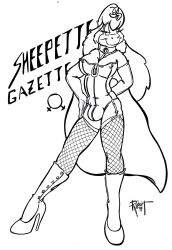 1990s 1994 20th_century anthro bulge bulge_through_clothing cape corset fishnets furry futanari garterbelt herm high_heel_boots high_heels intersex latex original original_character rubber sheep traditional_media_(artwork) vawlkee