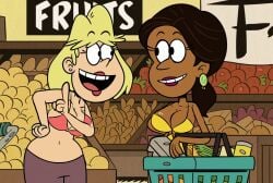 !_earrings 2girls accurate_art_style background_character belly big_breasts big_nose black_hair blonde_hair bra brassiere breasts busty chocolate_and_vanilla cleavage dark-skinned_female dark_skin duo duo_focus earrings edit exclamation_point exclamation_point_earrings eye_contact female female_only frankiidoodle9 fruit grocery_store hand_on_hip hips huge_breasts indoors large_breasts light-skinned_female light_skin lipstick medium_breasts milf multiple_girls navel no_shirt open_mouth pants ponytail red_lipstick rita_loud screenshot_edit shirtless shirtless_(female) shirtless_female shopping shopping_basket smile store straight_hair stud_earrings the_loud_house wide_hips