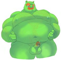 1boy 2022 angry_birds anommyself anthro balls bara belly big_belly domestic_pig erection facial_hair foreman_pig gay genitals green_body hi_res humanoid_genitalia humanoid_hands humanoid_penis male male_only mammal moobs moustache navel nipples obese obese_male overweight overweight_male penis pig_(angry_birds) simple_background small_penis solo solo_male suid suina sus_(pig) video_games