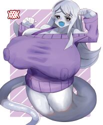 big_breasts blue_tongue bottomless breasts breasts_bigger_than_head breasts_bigger_than_torso chounyuu fangs ghost ghost_girl gigantic_breasts large_breasts malica_(metaskei) massive_breasts nananana pale-skinned_female pale_skin purple_clothing white_body white_skin