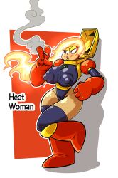 1girls boots capcom cigarette female female_only fire_hair green_eyes heat_man leotard mega_man mega_man(classic) mega_man_2 nipple_bulge red_gloves robot robot_girl rule_63 sachasketchy smoking tagme thighhighs yellow_eyeshadow