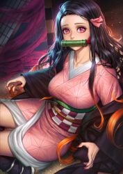 1girls bamboo_gag big_breasts breasts demon_slayer kamado_nezuko kimetsu_no_yaiba neoartcore solo