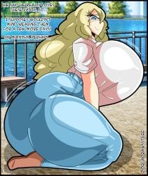 1girls artist_name ass ass_focus back_view big_ass big_breasts blonde_female blonde_hair blue_eyes breasts curvy curvy_figure dat_ass dialogue english_text fat_ass female female_focus female_only gigantic_ass huge_ass huge_breasts jeans kneeling large_ass large_breasts long_hair looking_down mature_female mero_(zoruadrawsstuff) mom_jeans oc original original_character outside rear_view sitting smile text tight_clothing tight_jeans water wide_hips zoruadrawsstuff