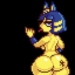 1girls animal_crossing animated ankha ass backboob blue_hair breasts bubble_butt cat_ears cat_tail color colored countmoxi fellatio_gesture multicolored_hair nintendo no_sound nude pixel_art pixelated short_hair shorter_than_30_seconds solo source_request tagme tongue_out twerking video year_request yellow_body