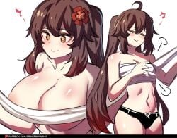 1girls bandaged_chest brown_eyes brown_hair chest_wraps genshin_impact hinghoi hu_tao_(genshin_impact) long_hair mihoyo removing_clothing secret smile star_shaped_pupils