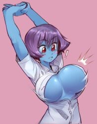 1girls big_breasts blue_skin breasts capcom clothing darkstalkers erect_nipples erect_nipples_under_clothes female hsien_ko jiangshi large_breasts lei-lei lei_lei nipple_bulge nipples stretching unbuttoned_shirt wamudraws wardrobe_malfunction