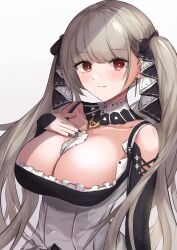 absurdres azur_lane bare_shoulders between_breasts black_dress black_nails breasts cleavage clothing_cutout detached_collar dress earrings female formidable_(azur_lane) frilled_dress frills grey_hair hair_ribbon hand_on_own_chest highres jewelry large_breasts long_hair nail_polish necktie necktie_between_breasts red_eyes remapack77 ribbon shoulder_cutout simple_background solo twintails two-tone_dress two-tone_ribbon upper_body white_background white_dress