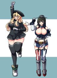 2girls absurdres akitsu_maru_(kantai_collection) akitsu_maru_(kantai_collection)_(cosplay) american_flag american_flag_legwear asymmetrical_legwear black_eyes black_hair black_headwear black_jacket black_skirt black_thighhighs blonde_hair blue_eyes breasts cosplay costume_switch front-tie_top full_body garter_straps gloves hat highres iowa_(kantai_collection) iowa_(kantai_collection)_(cosplay) jacket k_(shiganai_shakaijin) kantai_collection large_breasts military military_hat military_uniform miniskirt mismatched_legwear multiple_girls peaked_cap pleated_skirt short_hair skirt standing standing_on_one_leg star-shaped_pupils star_(symbol) striped striped_thighhighs symbol-shaped_pupils thighhighs uniform vertical-striped_thighhighs vertical_stripes white_gloves