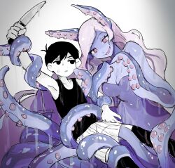 1boy 1girls artist_request black_hair clothed clothing female femdom fluids groping held_up looking_at_partner looking_up male male_focus molly_(omori) omori omori_(character) purple_body purple_hair purple_skin restrained slime_girls_(omori) tagme tentacle tentacle_restraint tentacles wet white_skin