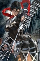 1girls attack_on_titan big_breasts breasts brown_eyes cleft_of_venus fat_mons female female_only highres innie_pussy mikasa_ackerman muscular muscular_female pussy scarf shaved_pussy shingeki_no_kyojin short_hair solo zumi