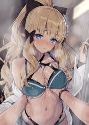 1boy1girl big_breasts bikini bikini_top blonde_hair blue_eyes blush breast_grab breasts elf elf_ears elf_female grabbing_breasts hair_ribbon long_hair lunch_(artist) princess_connect! princess_connect!_re:dive ribbon ribbons saren_(princess_connect!) shower showering sweat