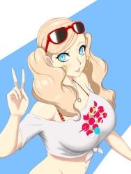 ann_takamaki bikini blonde_hair blue_eyes breasts earrings eyelashes jewelry large_breasts lipstick long_hair midriff nahone_peko navel necklace persona persona_5 smile sunglasses sunglasses_on_head swimsuit swimsuit_under_clothes t-shirt tied_shirt twintails v