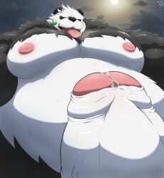 2021 absurd_res anthro black_body black_fur erection fur generation_6_pokemon genitals hi_res highforce kemono male male_only moobs moon night nintendo nipples obese obese_anthro obese_male outside overweight overweight_anthro overweight_male pangoro penis pokemon pokemon_(species) solo tongue tongue_out video_games white_body white_fur