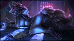 anthro armello ass bondage bound breasts canid canine canis captured captured_heroine chains corruption female genitals hioshiru lying mammal nude on_front pussy restrained river_(armello) solo tongue tongue_out wolf