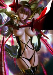 1girls big_breasts breasts fate/grand_order fate_(series) female highres long_hair nipples paid_reward patreon_reward polearm pubic_hair purple_hair red_eyes scathach_(fate) solo zumi