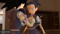 2girls 3d caulifla dragon_ball dragon_ball_super female female_only hands_on_breasts kale maid maid_uniform nobodyrly_(artist) sfm yuri